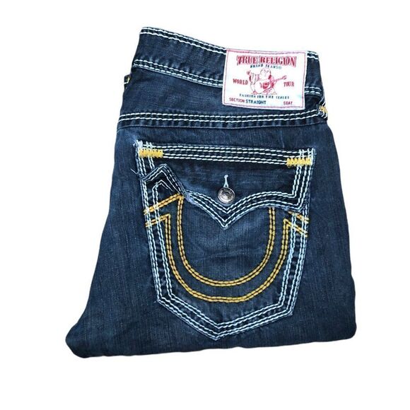 Rare True Religion Jeans Size 34 STRAIGHT YELLOW STITCH Blue - Picture 11 of 13